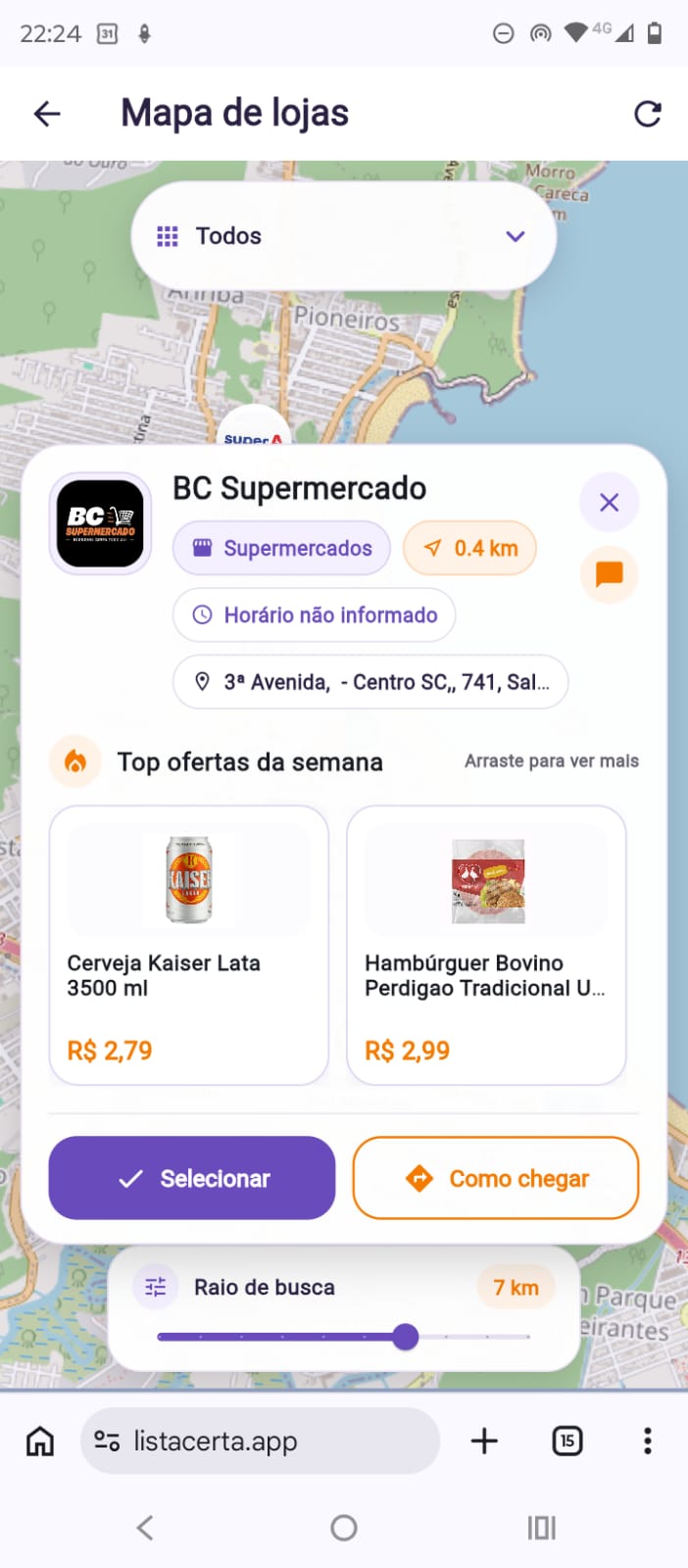 Detalhes de uma loja no mapa