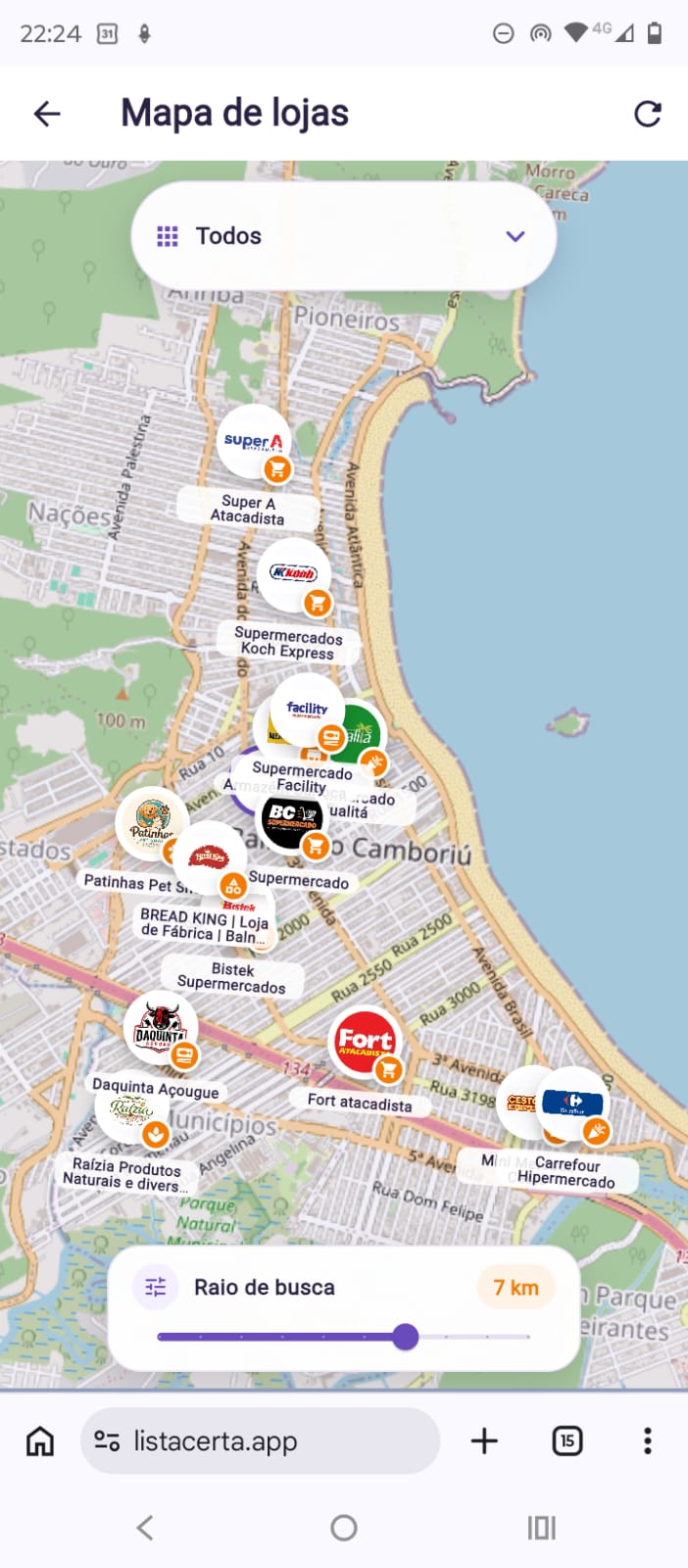 Lojas próximas exibidas no mapa